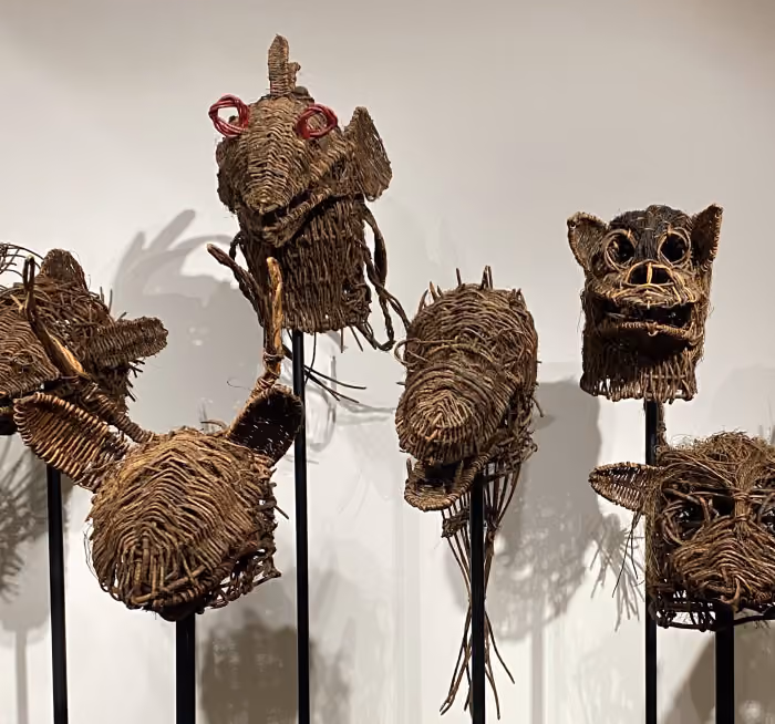 Woven wicker ritual masks made from natural materials by Cambodian artist Khvay Samnang